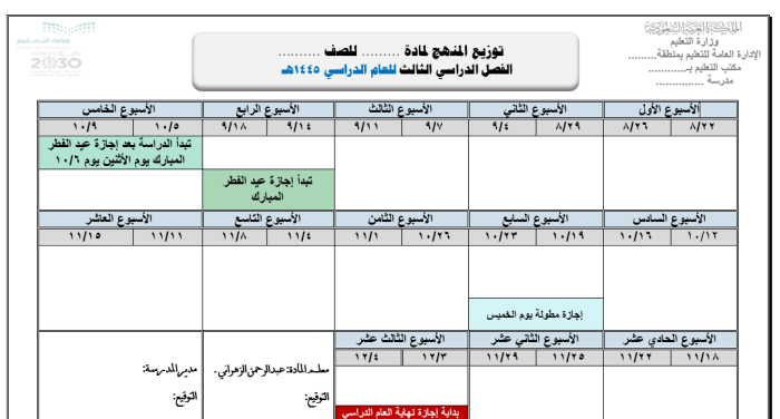 توزيع المناهج للفصل الدراسي الثالث ١٤٤٥هـ مفرغ بصيغة Word