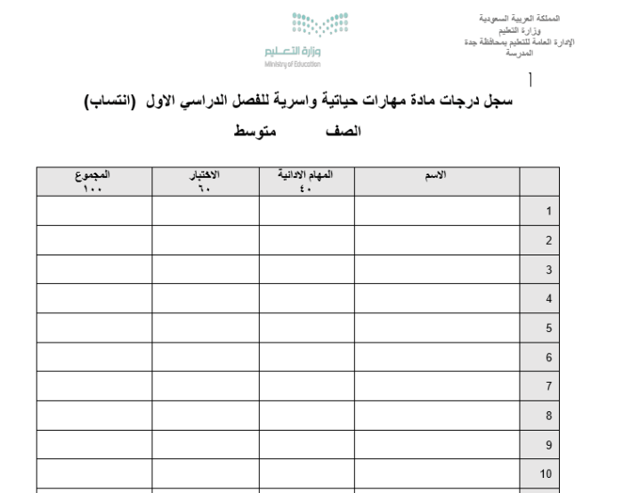 سجل رصد الانتساب مهارات حياتية واسرية