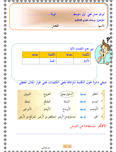 ملف جديد أوراق عمل لغتي الخالدة أول متوسط الفصل الثالث