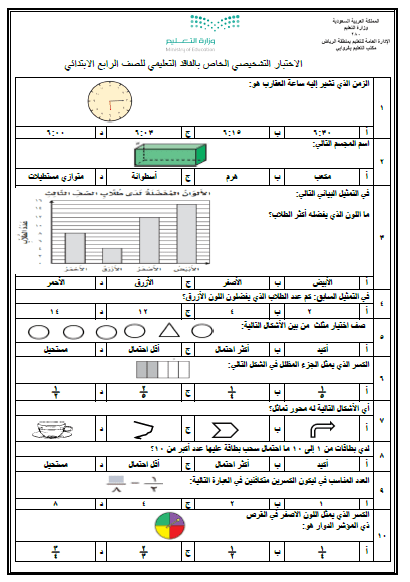 الاختبار التشخيصي رياضيات الخاص بالفاقد التعليمي للصف الرابع