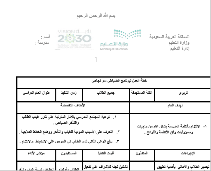 خطة مختصرة للانضباط المدرسي