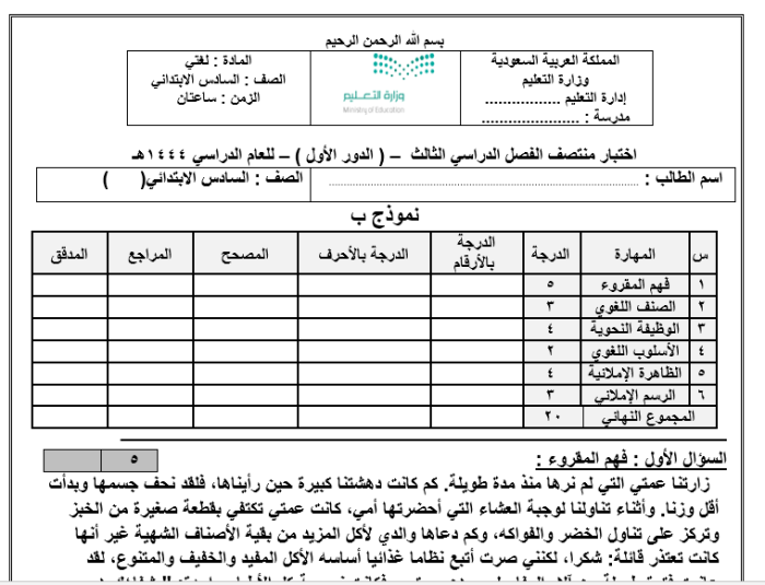 نماذج امتحانات نهائية لشريحتي الجميلة للصف السادس الصف الثالث 1445