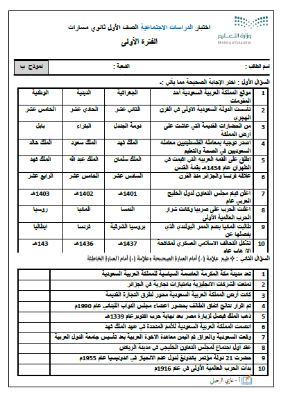 اختبارات ترميّة، دراسات اجتماعية، السنة الأولى ثانوي، مقررات الفصل الدراسي الثالث