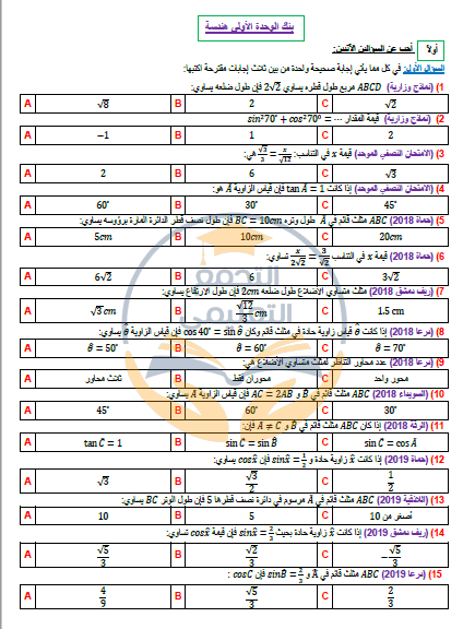 بنك الوحدة الأولى: الجبر والهندسة للصف التاسع، المنهج السوري