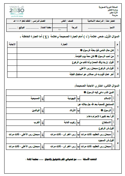 الامتحان النهائي للدراسات الإسلامية للسنة الثانية الفصل الثالث 1445هـ