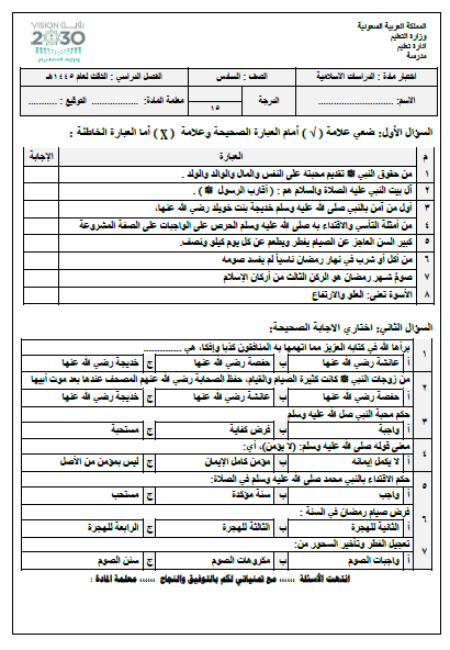 الامتحان النهائي للدراسات الإسلامية للصف السادس الفصل الدراسي الثالث 1445هـ.