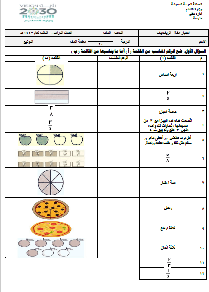 امتحان نهائي رياضيات للصف الثالث الفصل الدراسي الثالث 1445هـ