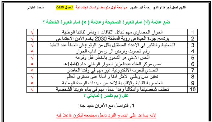 ملخص الدراسات الاجتماعية أول متوسط ​​الفترة الثالثة محمد القرني 1445