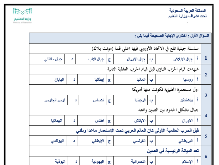 الامتحان النهائي دراسات اجتماعية الصف الأول الثانوي الفصل الثالث