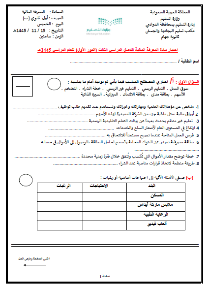 الامتحان النهائي في المعرفة المالية، الصف الأول الثانوي، الفصل الثالث