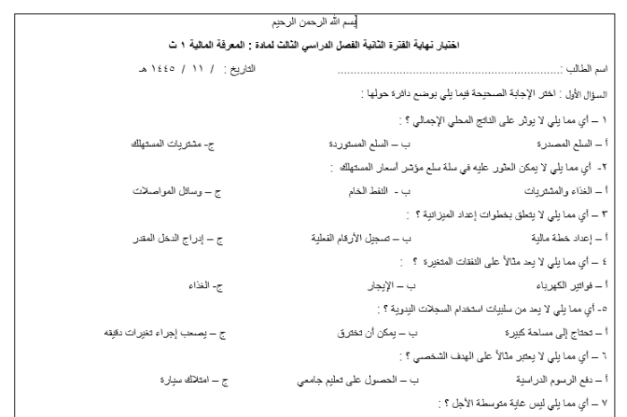 الامتحان النهائي للفصل الدراسي الثاني الوحدتين الثالثة والرابعة المعرفة المالية الصف الأول الثانوي الفصل الثالث