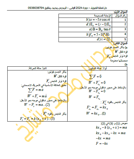 حل أسئلة الفيزياء المرحلة الجامعية الأولى 2024 المنهج السوري