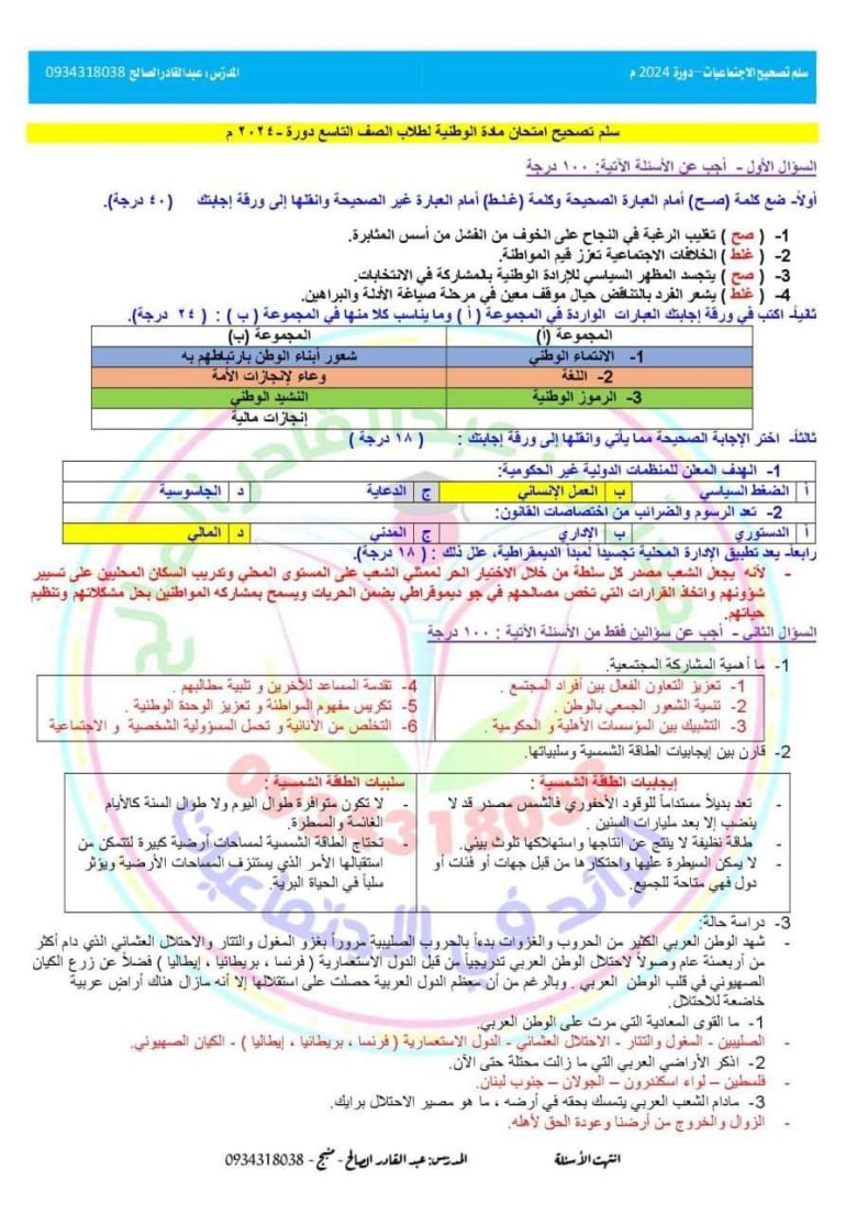 حل أسئلة الامتحان الوطني التاسع 2024 المنهاج السوري