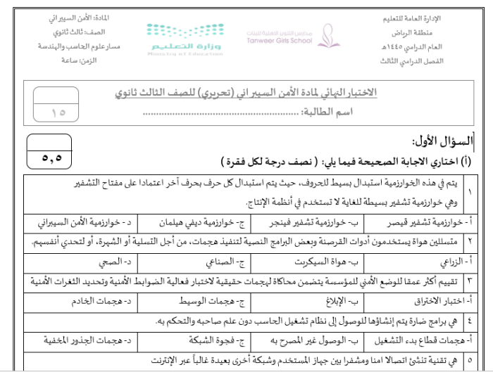 الاختبارات النهائية الأمن السيبراني الامتحان التحريري الثالثة الثانوية 1445هـ سارة النوفل