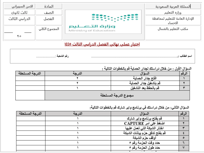 الامتحانات النهائية اختبار عملي في الأمن السيبراني للطالب لؤي علي