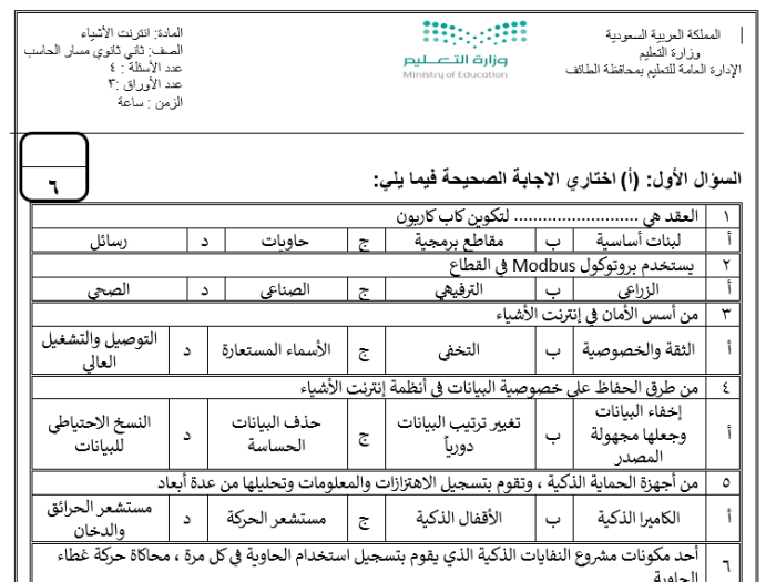 الاختبارات النهائية انترنت الأشياء 1_2 الامتحان الكتابي للثانوية أ بشاير