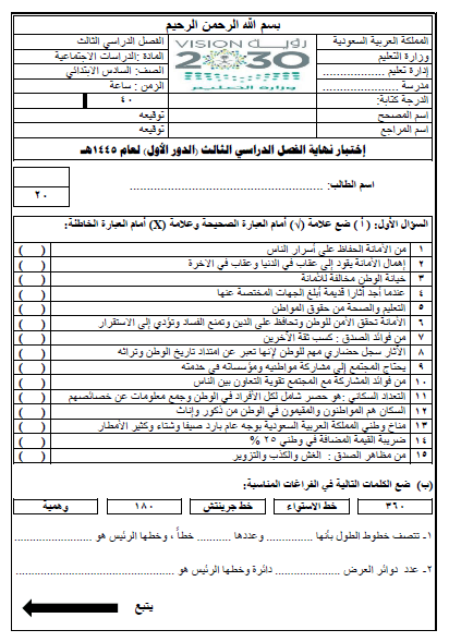 الامتحان النهائي للدراسات الاجتماعية للصف السادس الفصل الدراسي الثالث 1445