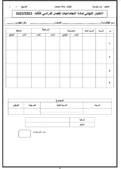 الاختبار النهائي للدراسات الاجتماعية الفصل الدراسي الأول الفصل الثالث