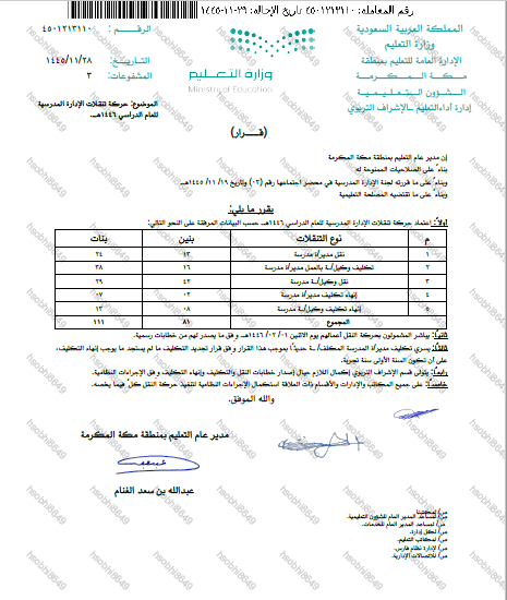 تعميم بشأن الموافقة على حركة إدارة المدرسة بمكة المكرمة