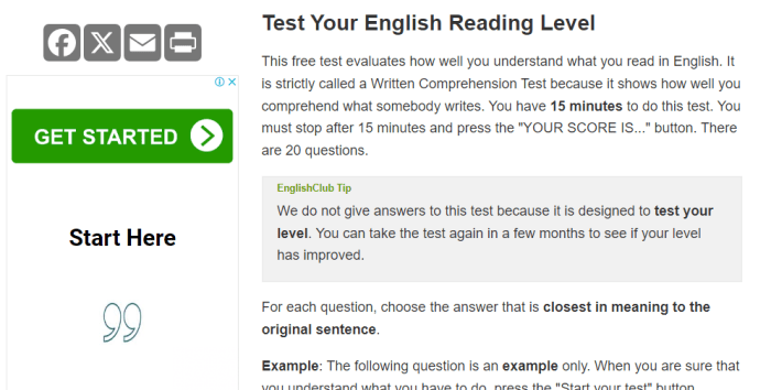 يقدم موقع نادي اللغة الإنجليزية اختبار الكفاءة لمهارات القراءة والفهم باللغة الإنجليزية.