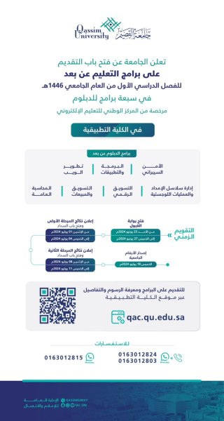 أعلنت جامعة القصيم عن فتح باب التقديم لبرامج التعلم عن بعد في الكلية التطبيقية 1446هـ