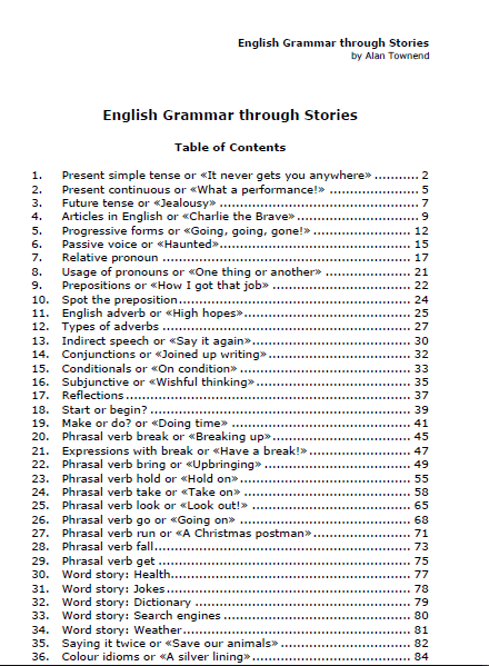 ملف رائع لتعلم قواعد اللغة الإنجليزية من خلال القصص. كل قاعدة بها أمثلة من خلال قصة مكتوبة.