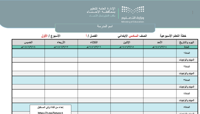 نموذج آخر لخطة التعلم الأسبوعية.. قابل للتحرير في برنامج Word